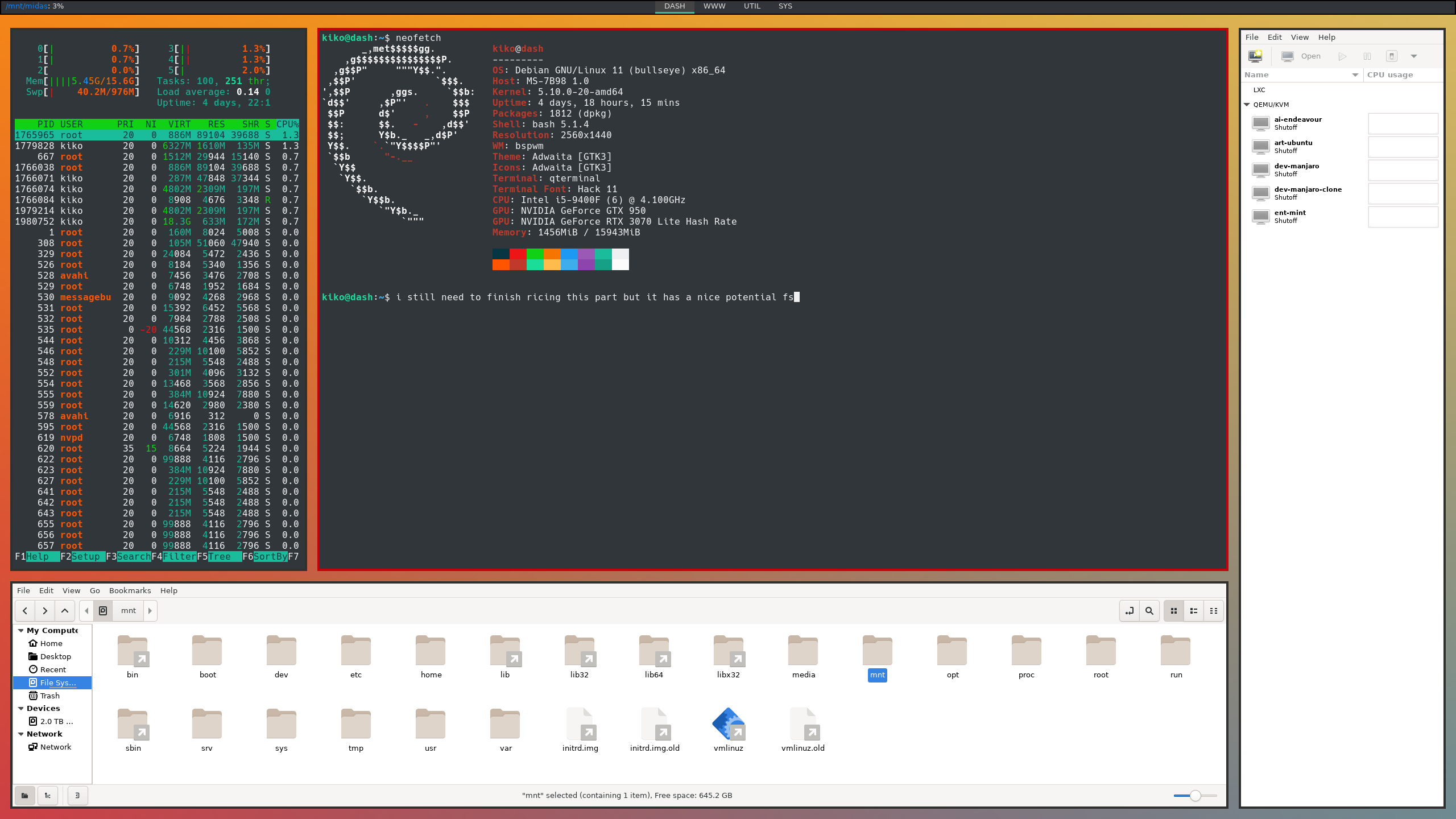 screenshot of my dashboard os. Showing a system monitor, terminal, qemu frontend, and file manager