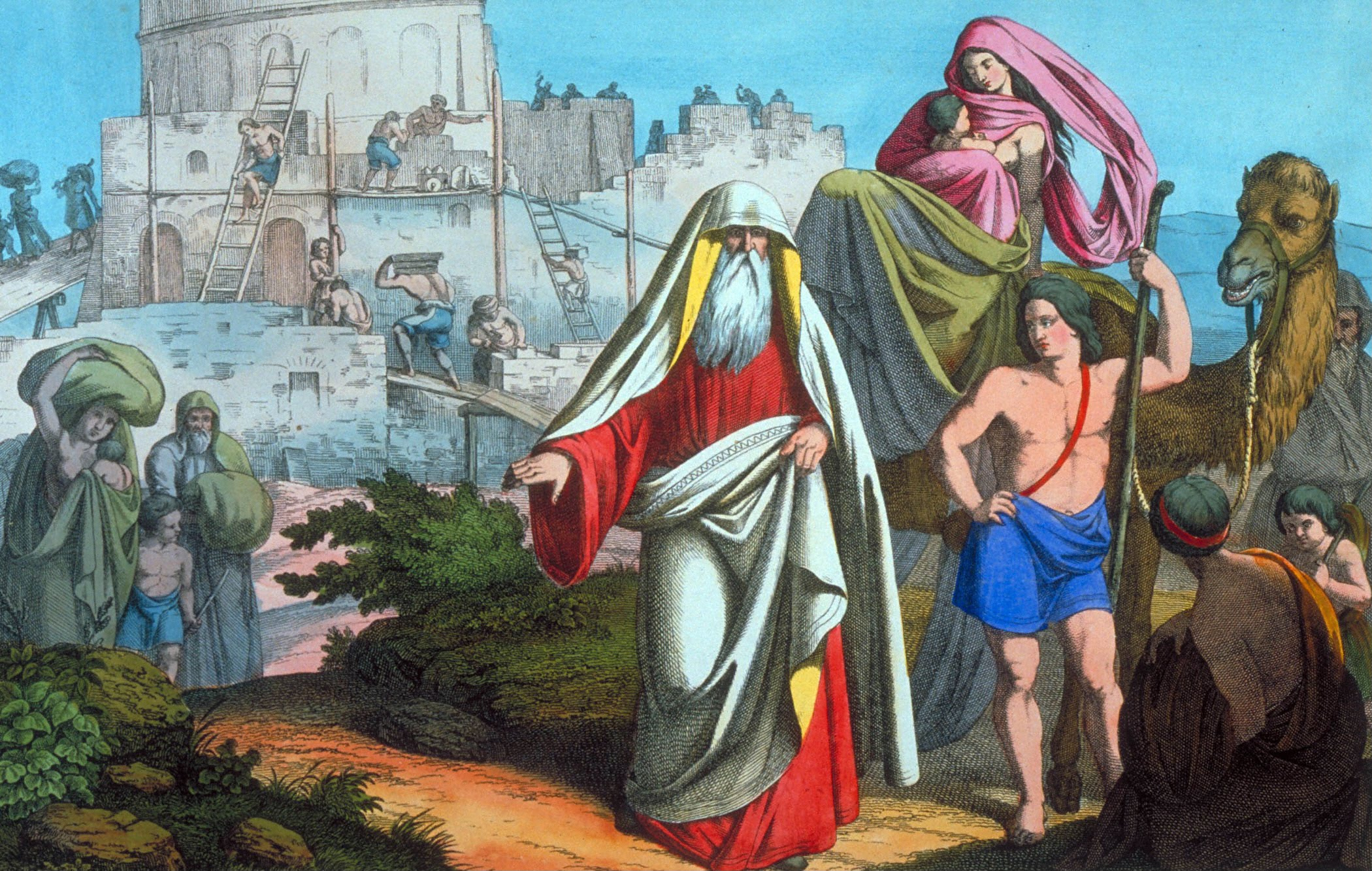 La costruzione della Torre di Babele (Genesi 11: 1-9), tratta da COTTAGE PICTURES FROM THE OLD TESTAMENT, 1857.